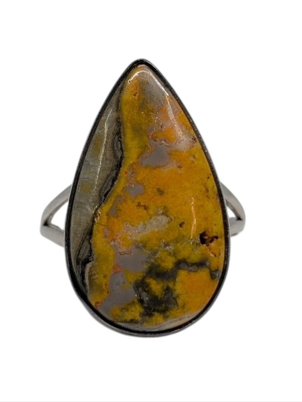 Handcrafted artisan pear shaped yellow bumblebee Jasper Sterling Silver Ring